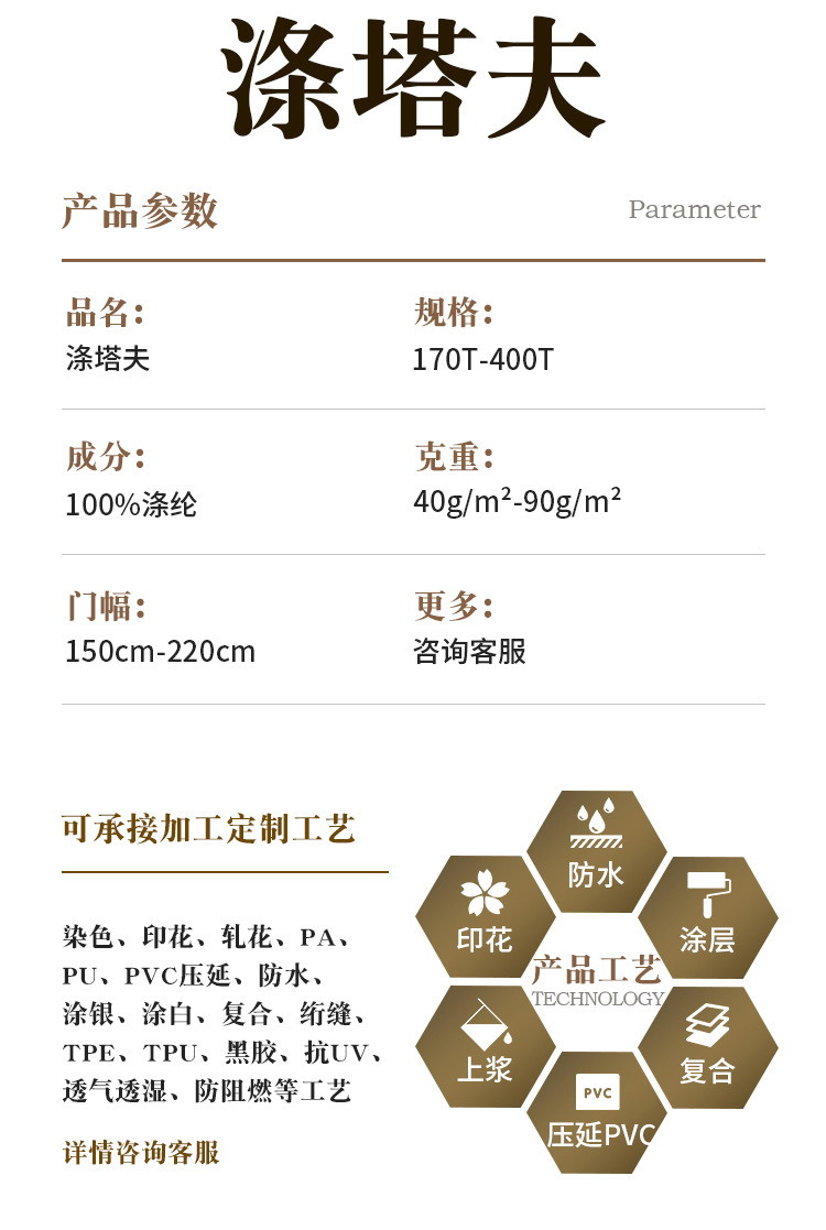 190t210t300t涤塔夫面料涤纶里子布用于帐篷手提袋箱包雨衣雨伞布详情3