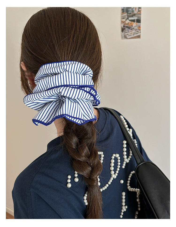 韩式蓝色条纹双层大肠发圈女时尚低马尾发绳学院风头绳皮筋头饰品详情8