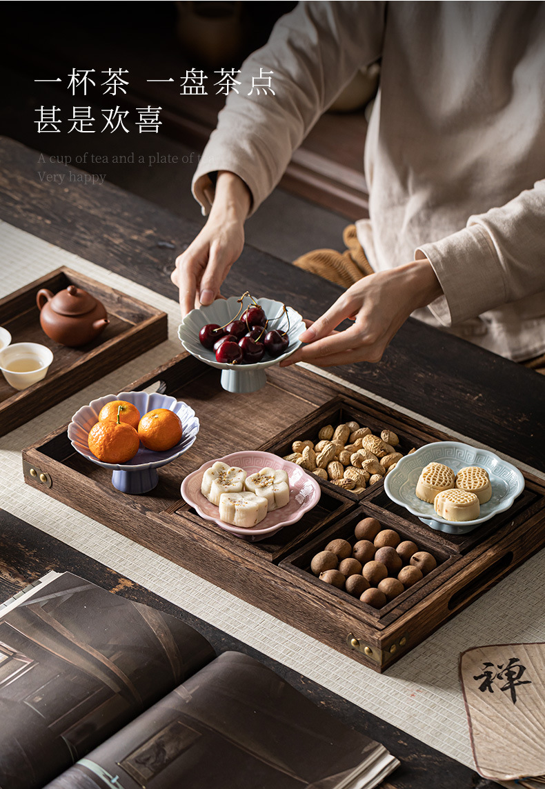陶瓷家用水果盘中式高脚茶点盘小号茶几点心盘复古禅意干果坚果碟详情4