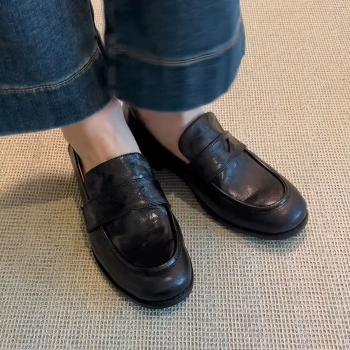 羊皮版~复古真皮一脚蹬懒人鞋女粗跟平底单鞋英伦风小皮鞋乐福鞋详情29