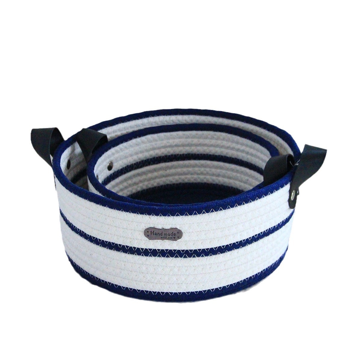Round cotton rope woven storage basket with leather handle, InS-style desktop storage basket, cosmetics and toys storage box, Nordic style pic 35