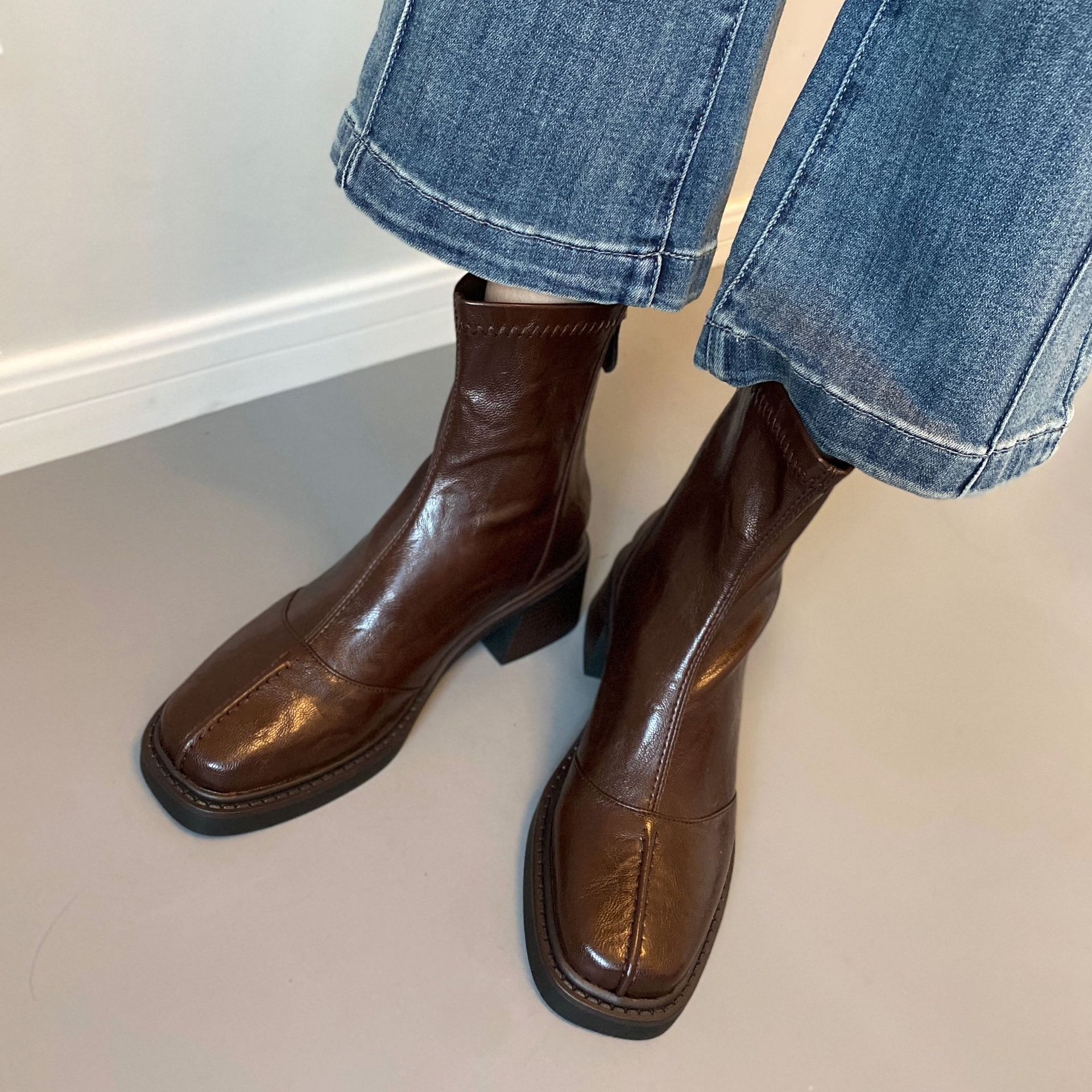 【现货】高跟方头短靴马丁靴春秋季单靴后拉链短靴女士粗跟靴子详情8