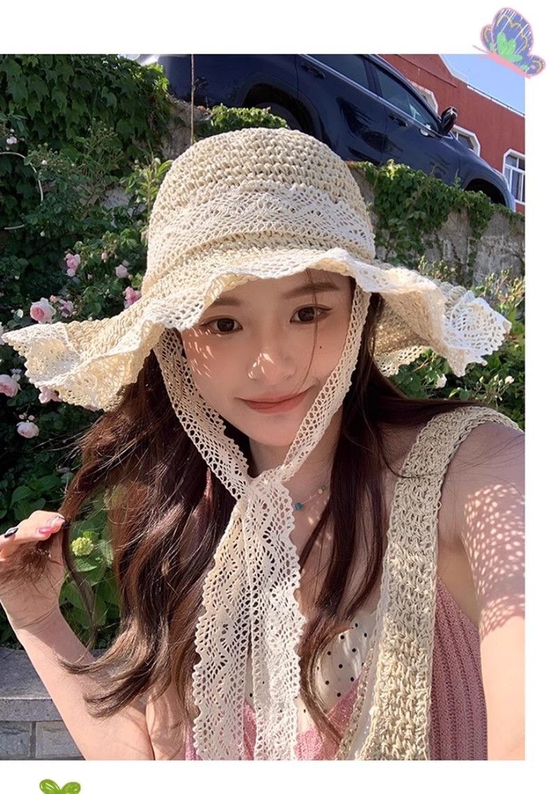 草帽ins绑带镂空草编帽女夏旅游防晒沙滩海边太阳帽女式遮阳帽详情9
