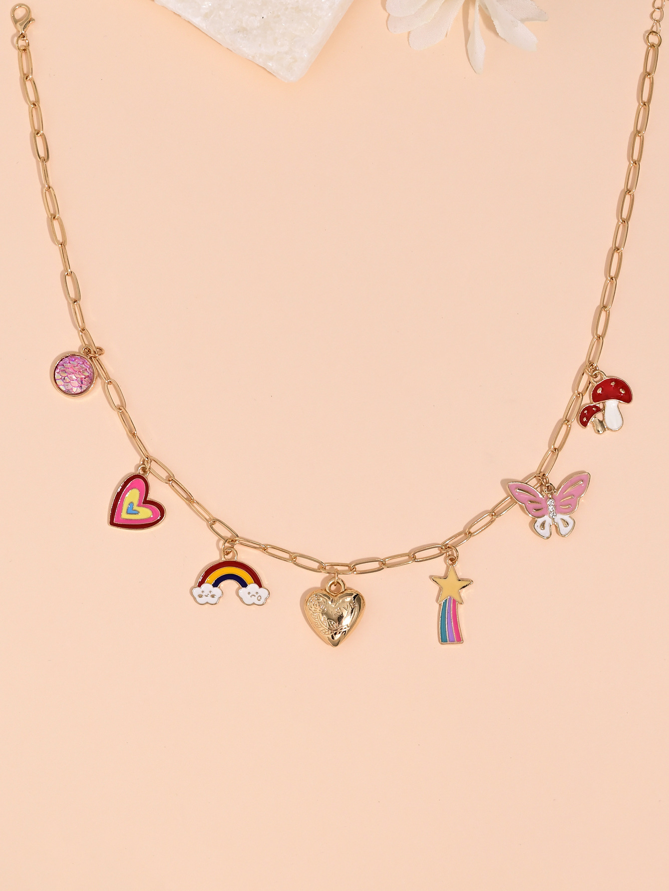 跨境新款时尚简约爱心彩虹蝴蝶蘑菇珍珠流苏项链女甜美百搭锁骨链详情6