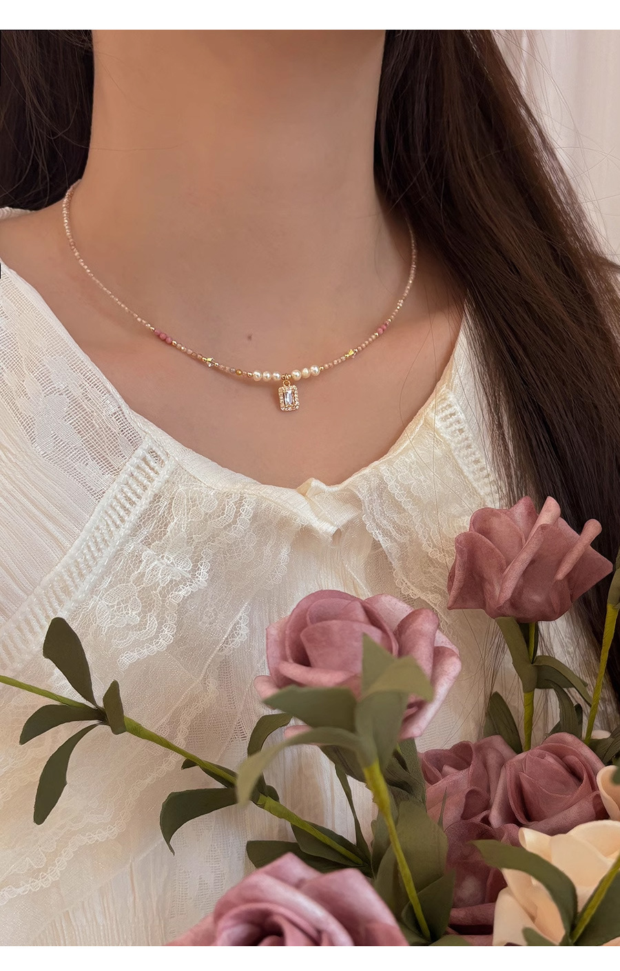 多巴胺项链不掉色女夏季高级感小众水晶锆石串珠吊坠锁骨颈链饰品详情13