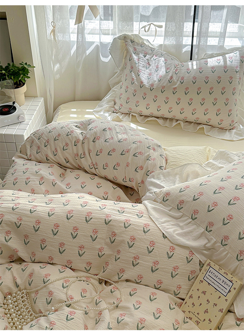 French romantic princess-style lace washed cotton four-piece set, small floral skin-friendly quilt cover, dormitory three-piece set, bed skirt style pic 7