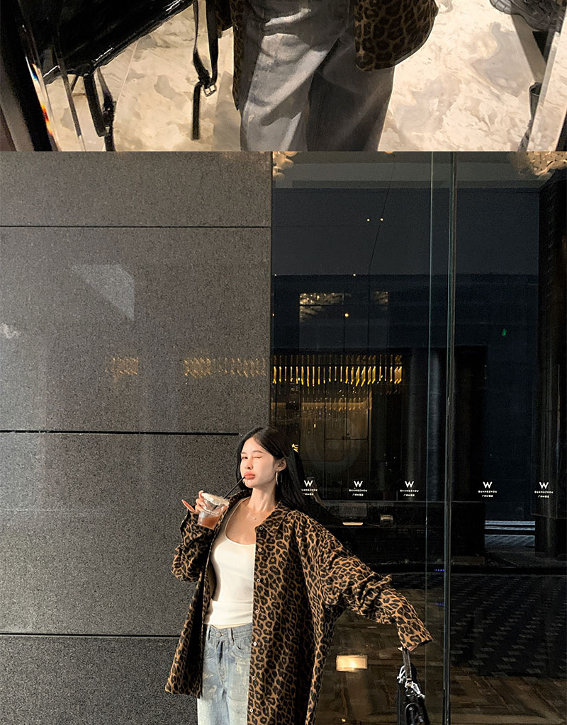 美式复古豹纹Polo领衬衣外套女早秋慵懒风宽松气质中长款风衣上衣详情9
