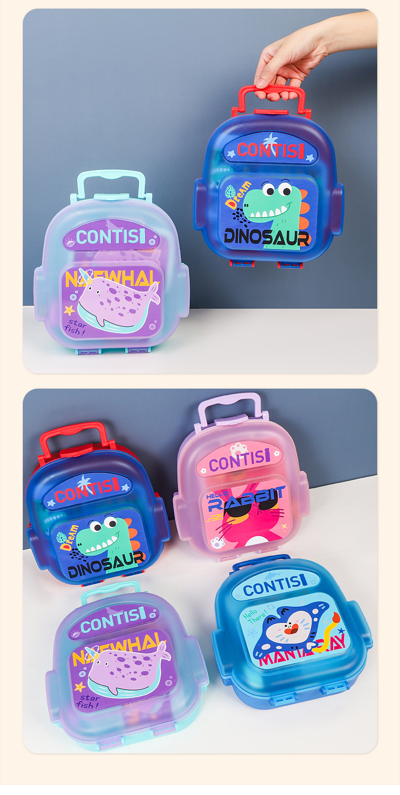 跨境新款可爱卡通小学生便携式便当盒厂家直供手提午餐盒饭盒套装详情9