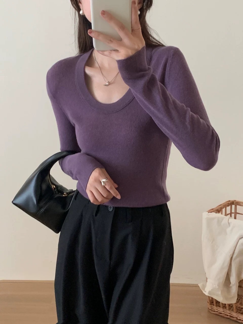 早秋新款100羊毛U领韩系纯色时尚简约针织弹力打底衫百搭女毛衣潮详情18