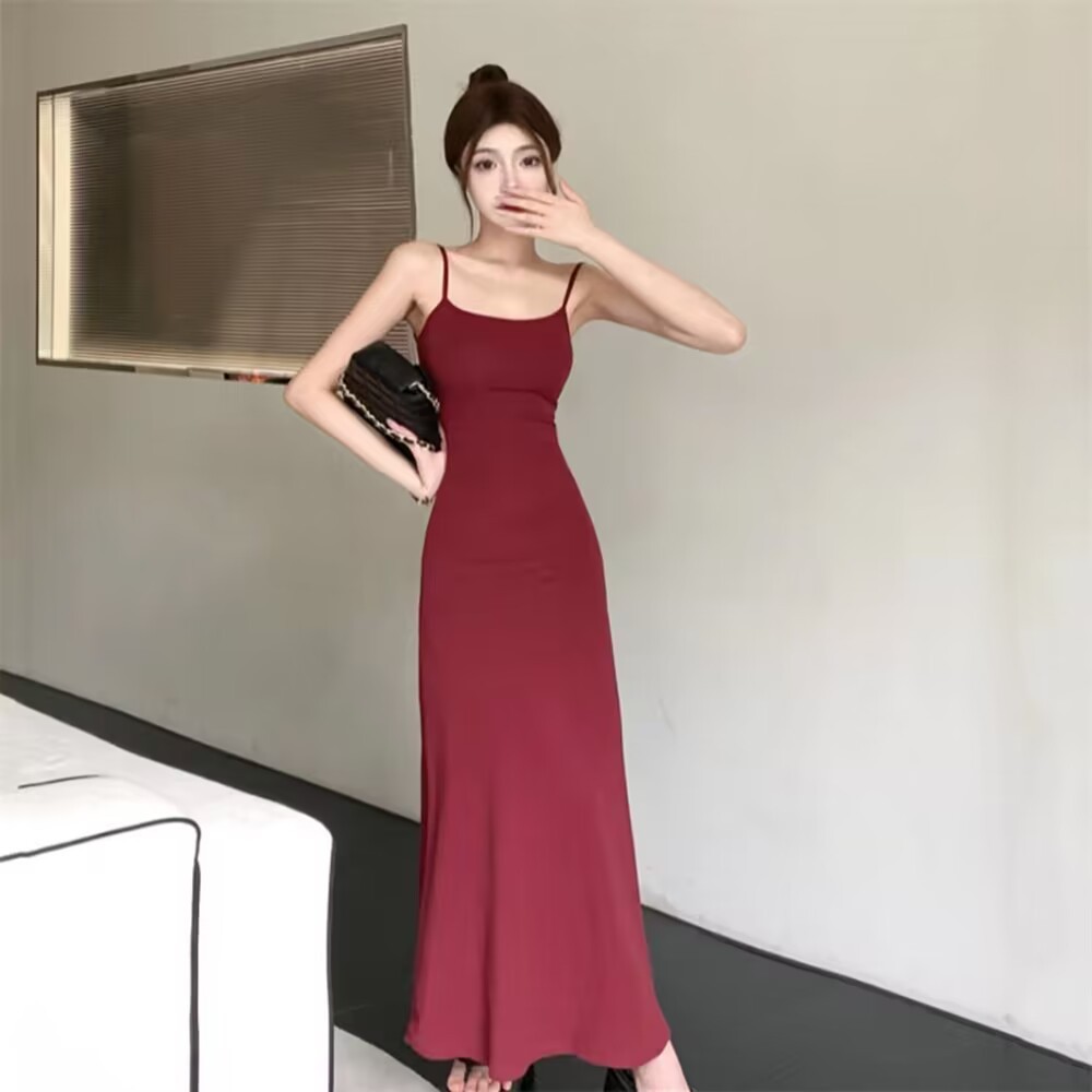 2025夏季辣妹弹力吊带连衣裙子女无袖露肩收腰显瘦一字肩打底长裙详情6