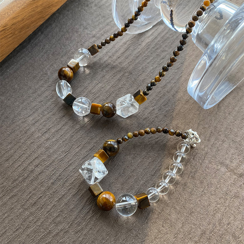 混搭圆珠天然原石手链白水晶玛瑙虎眼石多宝项链叠戴百搭手串简约详情5