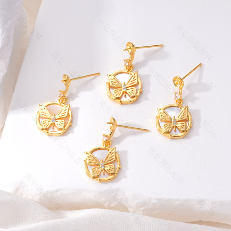 S925 Silver Needle Pearl Stud Earrings, micro-inlaid natural white shell butterfly semi-finished earrings, hollow base diy accessories pic 5