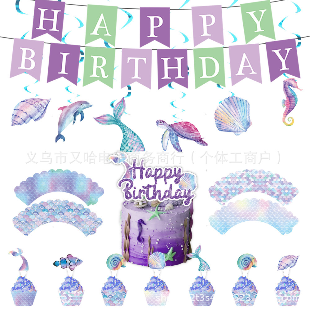 美人鱼派对装饰品紫鱼尾鱼鳞生日派对餐具纸盘巾桌布海底派对用品详情4