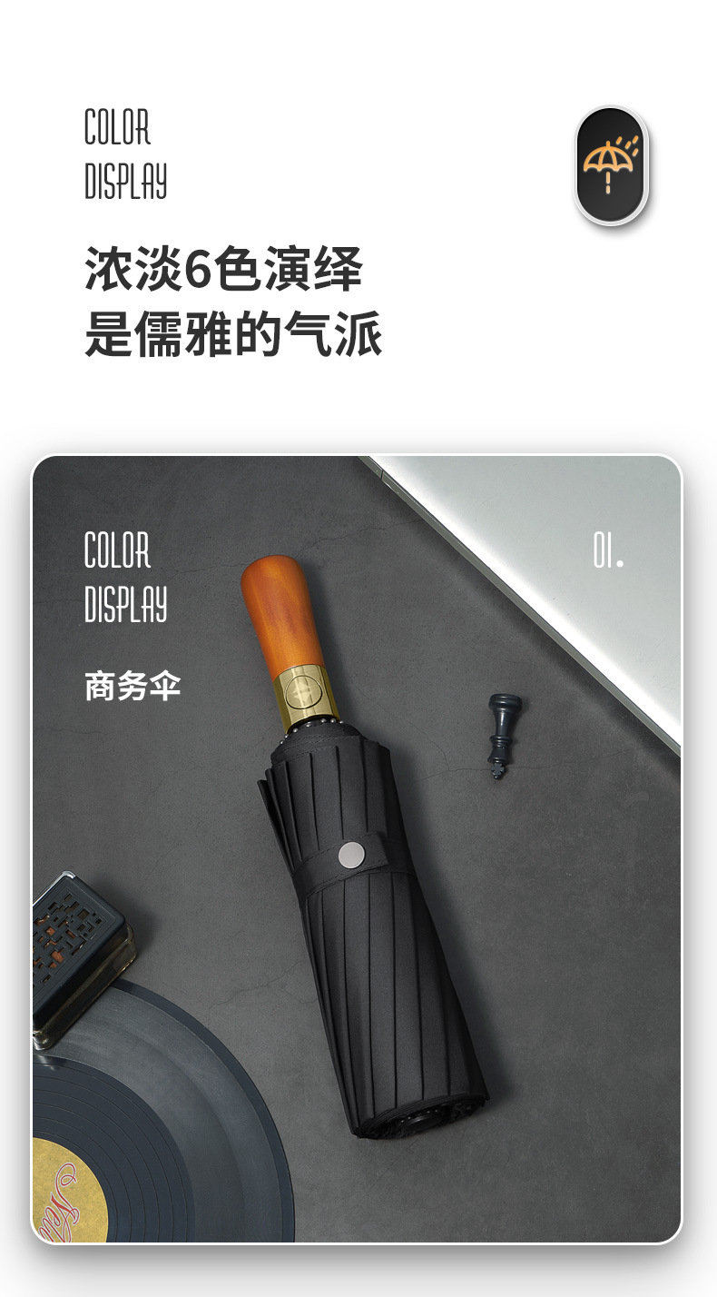 72骨全自动雨伞男大号三人折叠黑色商务高档木柄遮阳伞定制广告伞详情15