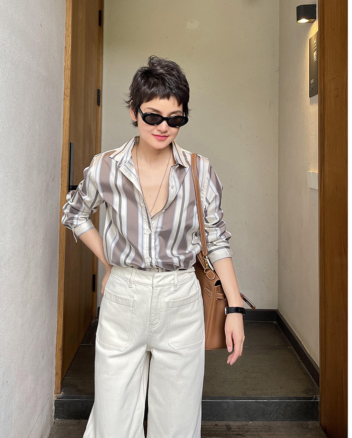 100% silk shirt for women, Spring/Summer 2024 new long-sleeved twill silk digital printed striped long-sleeved ready-to-wear pic 14