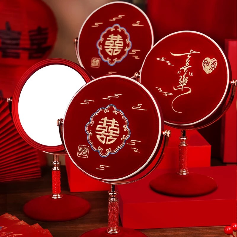 结婚陪嫁刺绣化妆镜礼盒一对红色新娘出嫁喜女方嫁妆婚庆用品大全详情19
