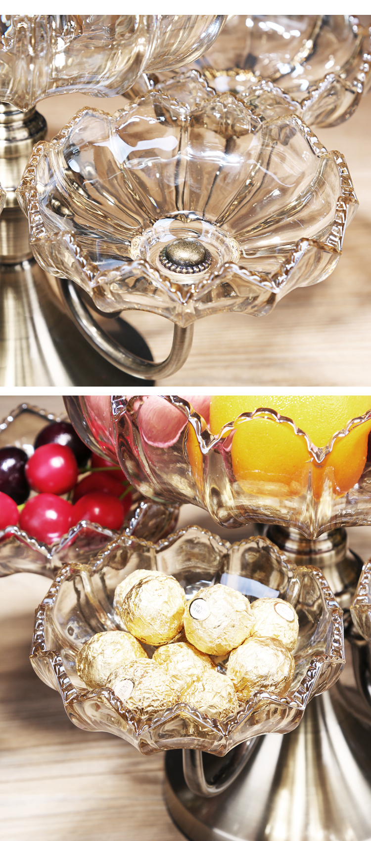 欧式轻奢水晶玻璃水果盘多层旋转客厅茶几家用双层分格零食糖果盘详情3