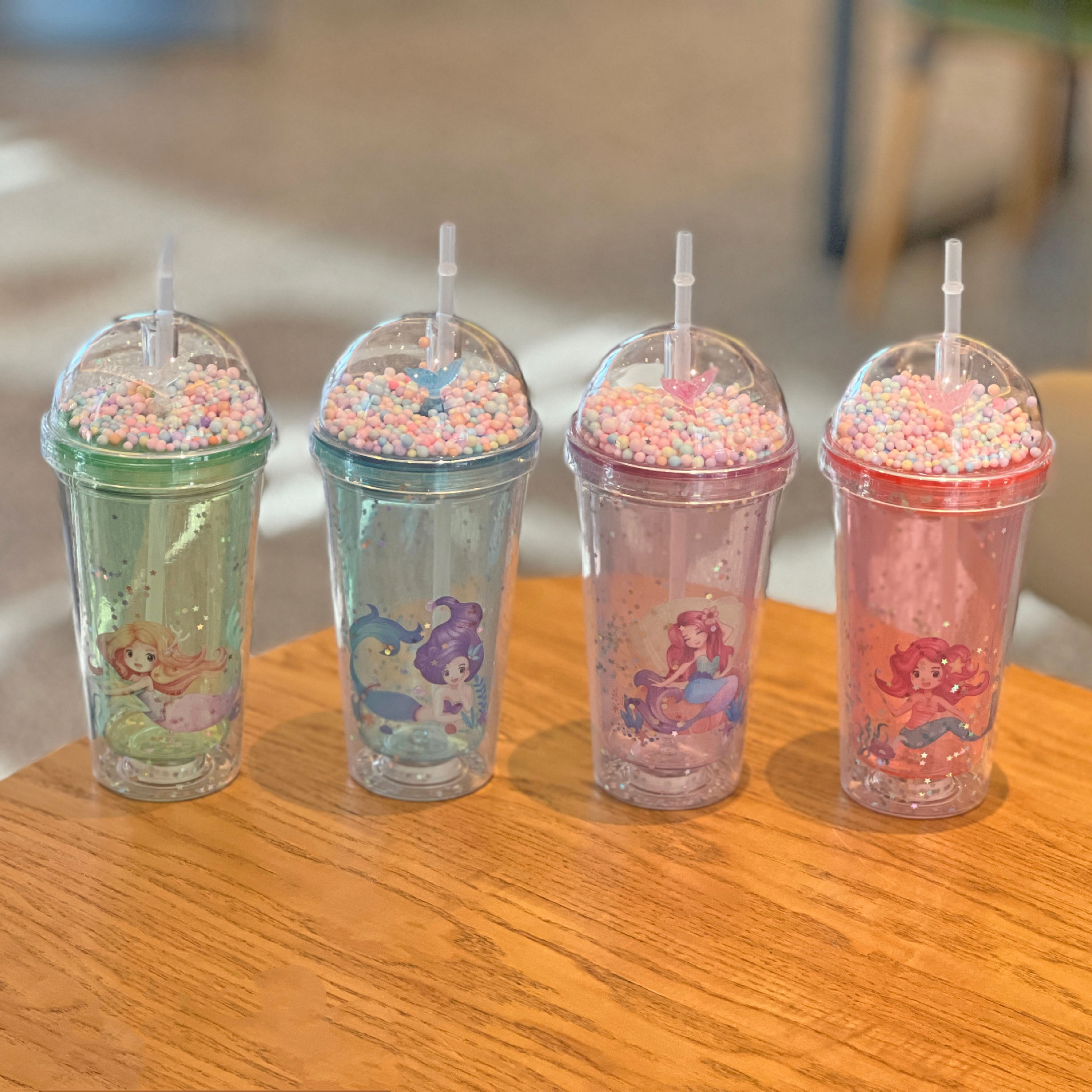 创意卡通美人鱼塑料吸管杯子夏日双层碎冰杯网红可爱塑料水杯批发详情5