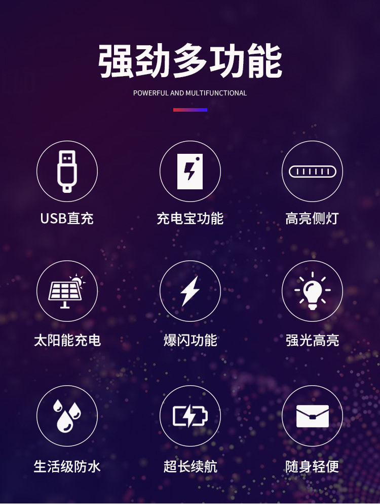 太阳能手电筒强光聚光户外充电便捷超亮带侧灯礼品跨境厂家直销详情3