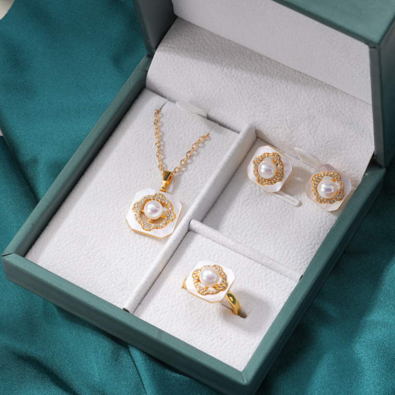 Pearl ring, earneedle pendant, three-piece set, empty stand, square, retro and fashionable design, DIY light luxury tulip pic 11