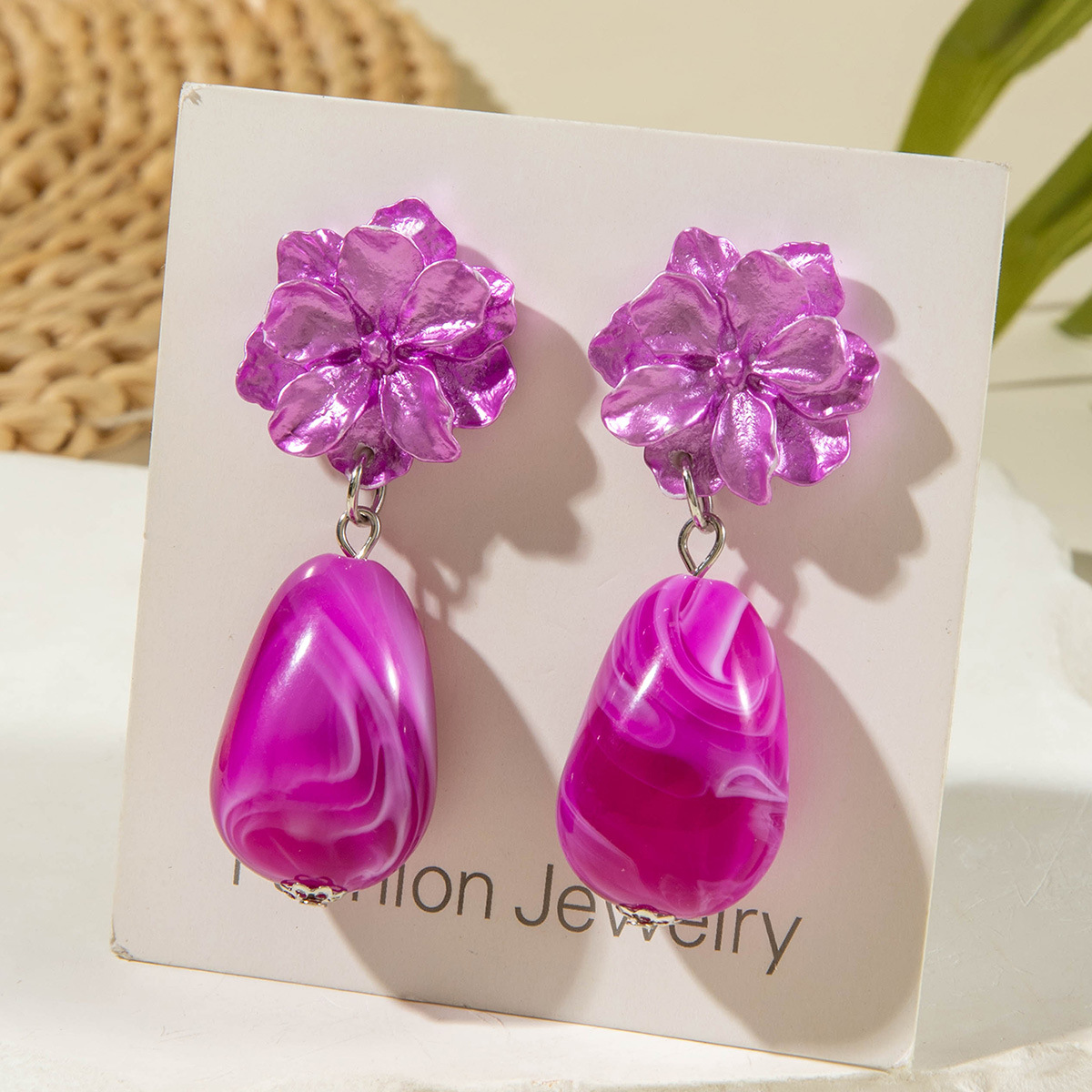 欧美跨境个性饰品紫色椭圆松石耳坠小众设计感玫瑰花朵耳环耳饰女详情34