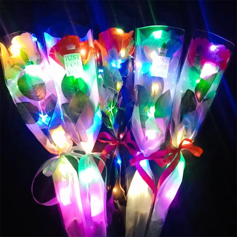 现货发光玩具七夕情人节玫瑰花礼物七彩玫瑰花彩色仿真玫瑰花束详情7