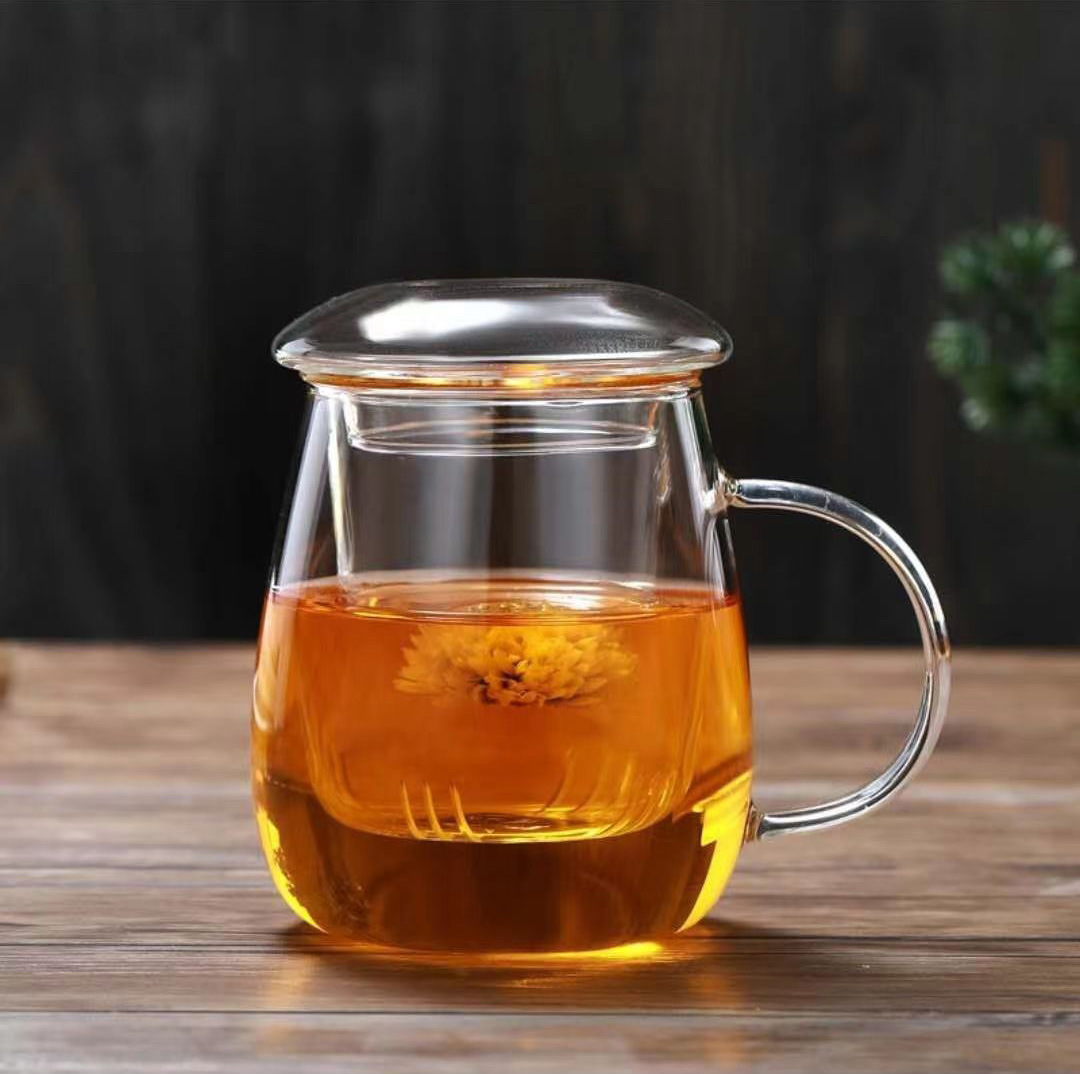 生产高硼硅玻璃泡茶三件杯 家用透明玻璃杯 简约带把办公花茶杯详情6