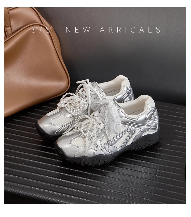 6CM内增高德训鞋女蕾丝珍珠夏新款银色厚底网面休闲运动鞋阿甘鞋详情10