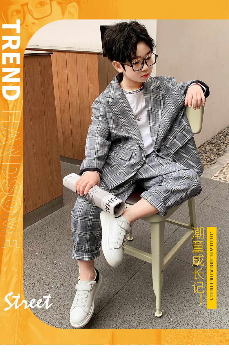 男童西装套装中大童2025春秋格子两件套帅气男孩休闲西服韩版童装详情1