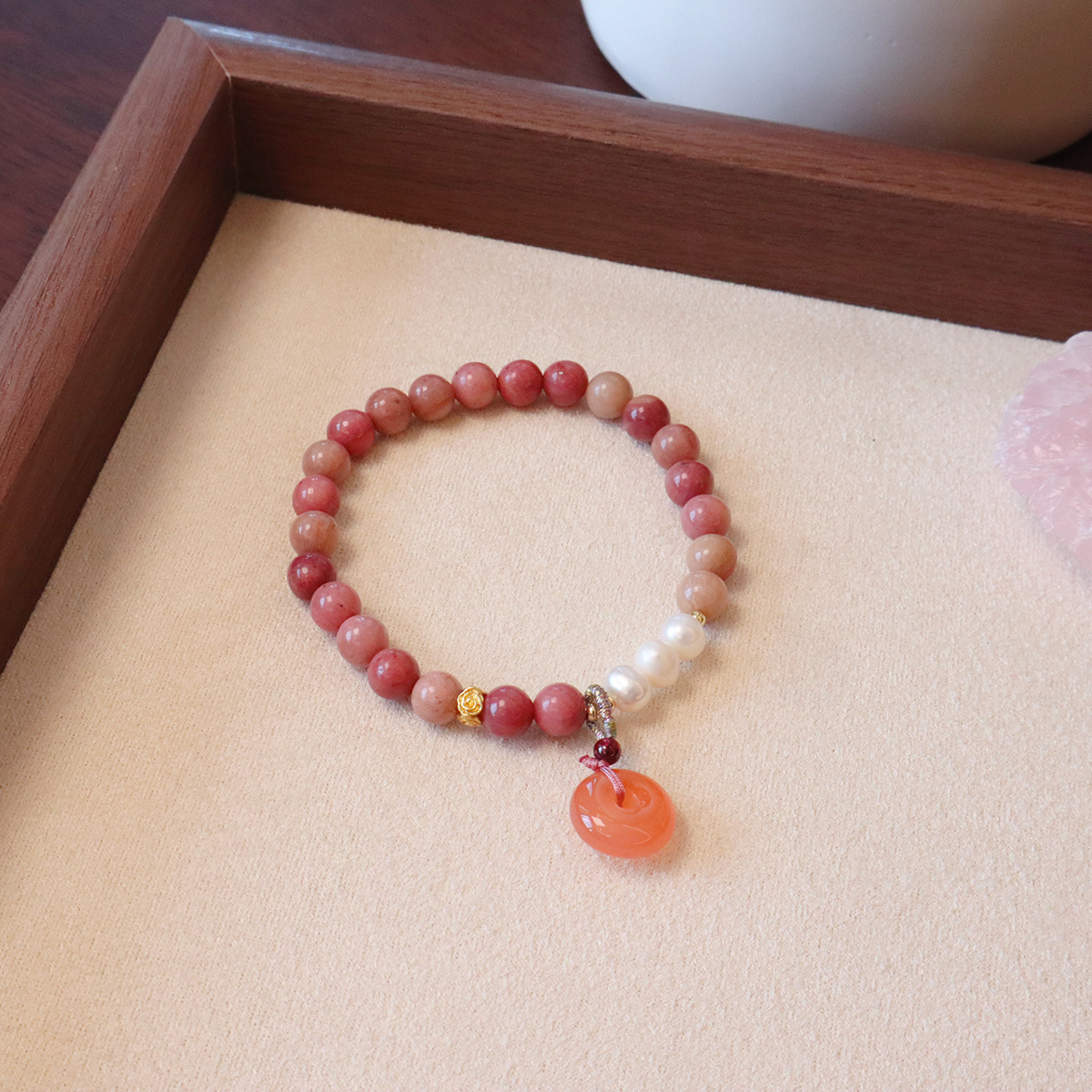 红纹石手链天然淡水珍珠玉髓高级感天然石手串女平安扣星星设计详情27