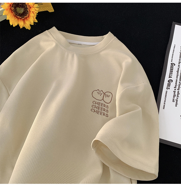 Waffle large-sized short-sleeved T-shirt for men, summer Korean style trendy clothing, printed loose half-sleeved American heavyweight T-shirt pic 15