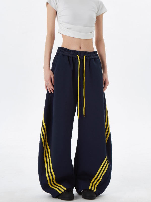 美式街头条纹撞色阔腿裤卫裤男女复古松紧抽绳垂感休闲运动裤详情9