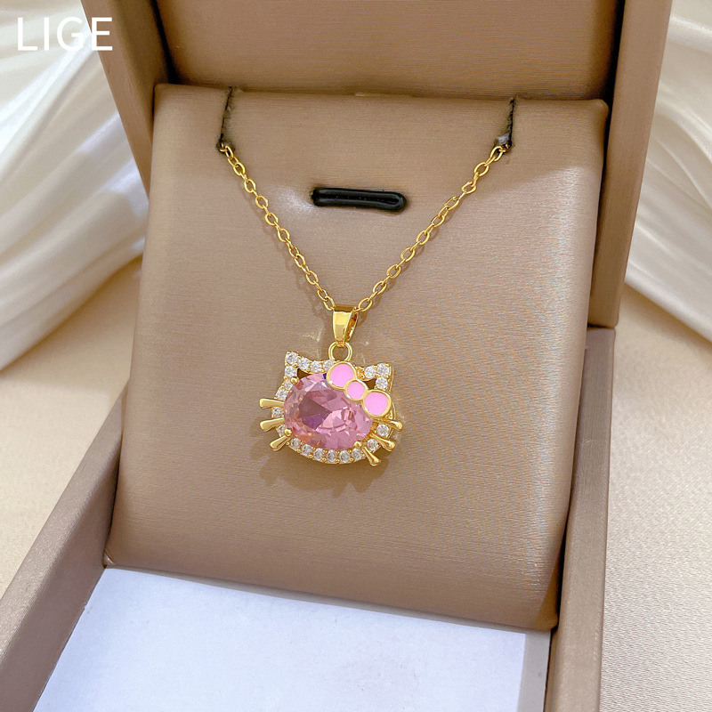 【钛钢】粉色猫咪蝴蝶结轻奢气质华丽满钻项链女百搭锁骨钛钢链详情7