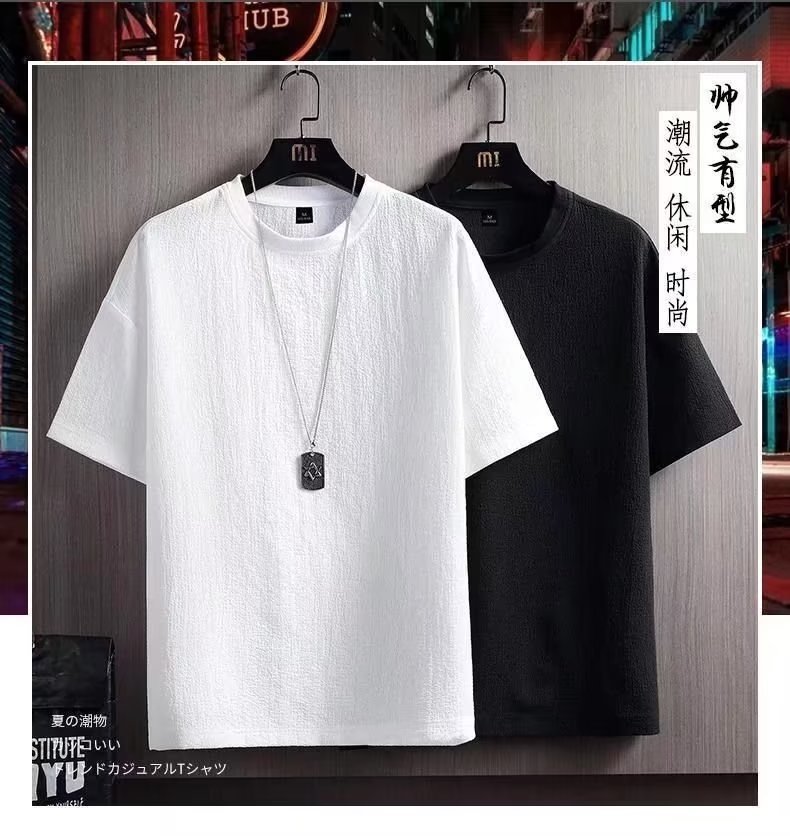Thin short-sleeved T-shirt for men, new summer style, half-sleeved shirt, cotton and linen solid color loose base layer, white five-quarter sleeve pic 3