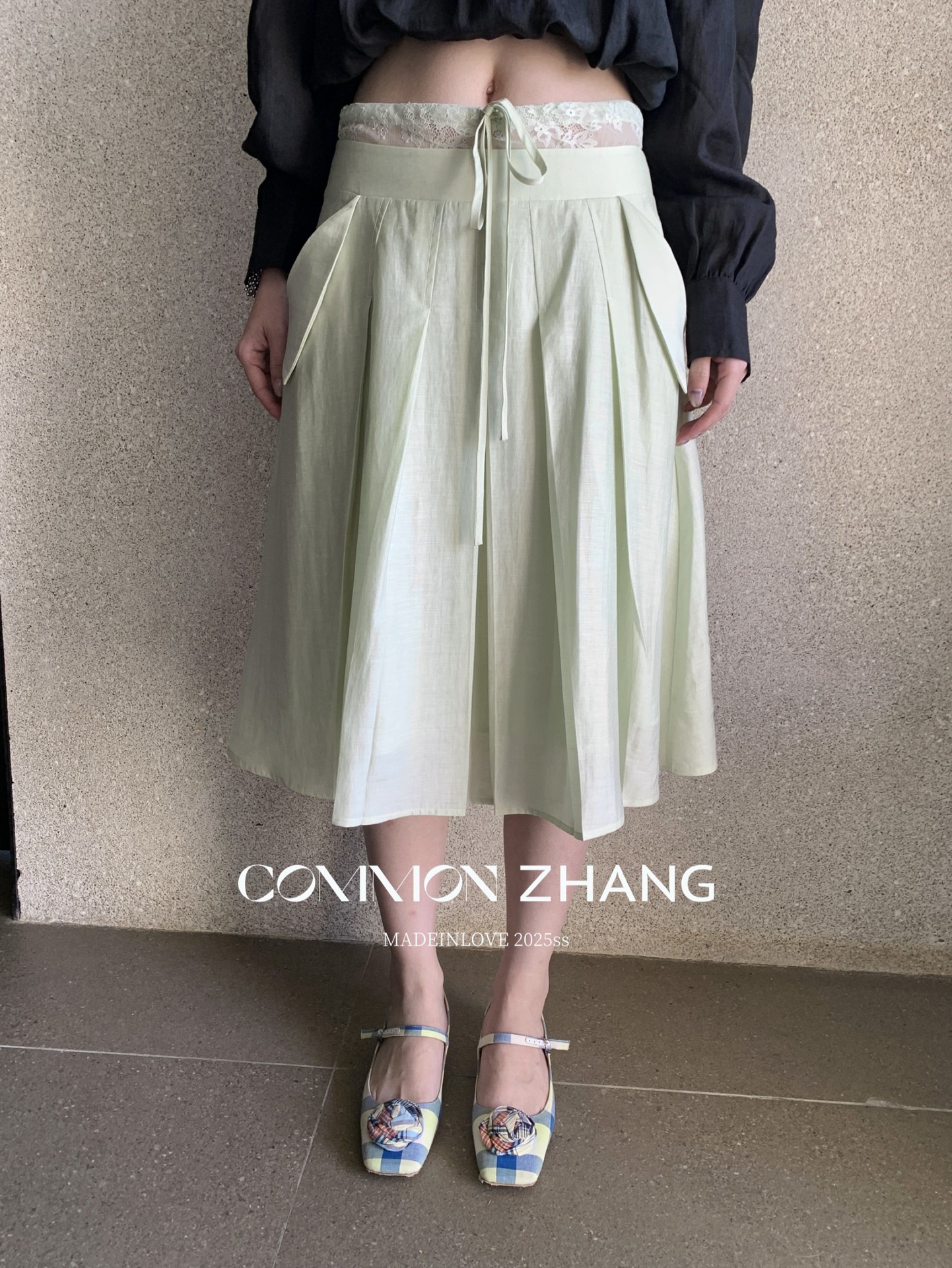 CZ ZHANG Summer French lace-up waist Tencel solid color low-waist A-line pleated skirt B22859 pic 6