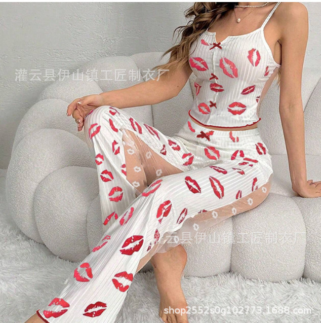 跨境欧美大码睡衣夏季女薄款短袖长裤性感情趣无袖吊带套装家居服详情9