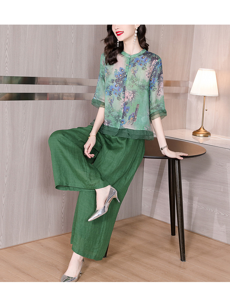 Wide-leg pants set for women, printed ramie shirt top, 2023 new style, retro large-sized cotton and linen pants two-piece set for summer pic 13