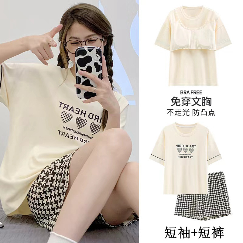 带胸垫睡衣女夏季短袖可外穿家居服两件套装2024新款夏天卡通大码详情3