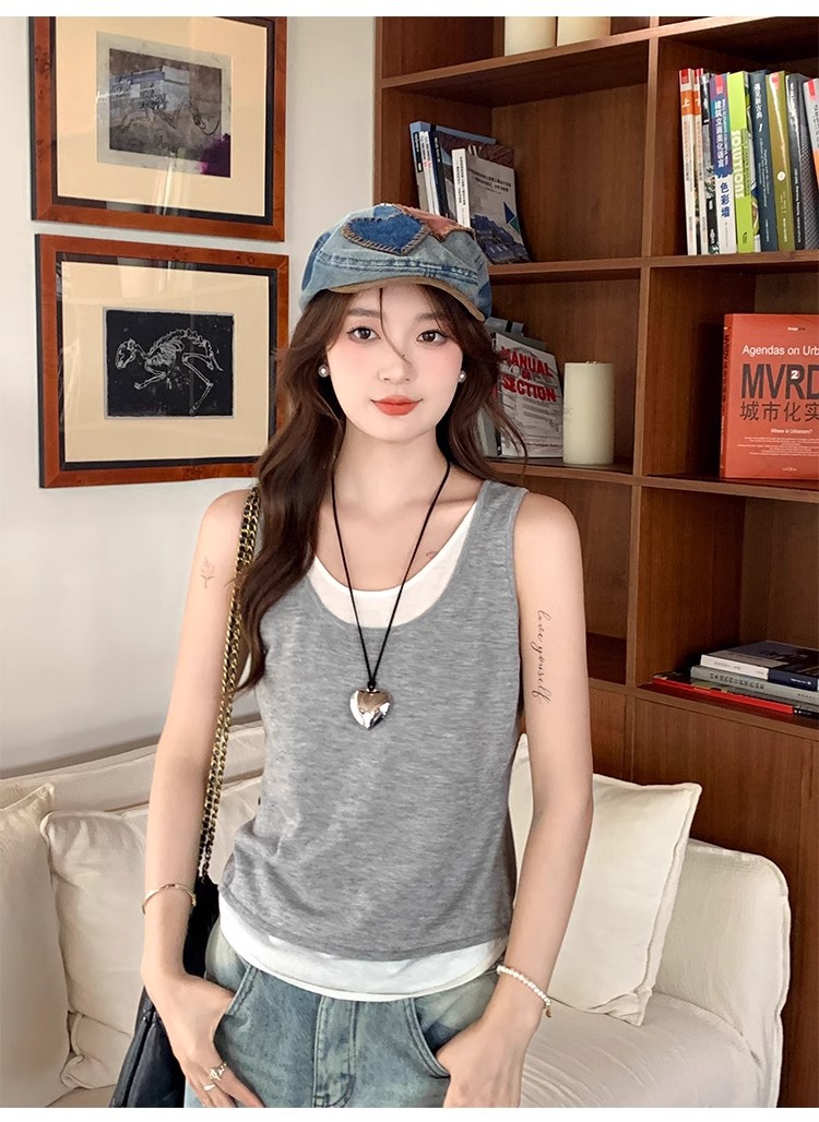 新款慵懒风撞色宽松背心假两件吊带小背心夏季女装内搭夏外穿上衣详情17