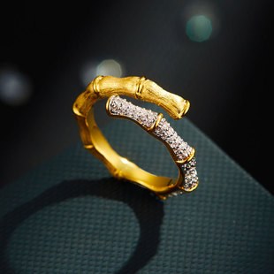 A light luxury double-layer overlapping bamboo-joint open ring with a high-end feel. It is made of copper alloy, set with zircon, and electroplated with real gold for adjustment pic 3