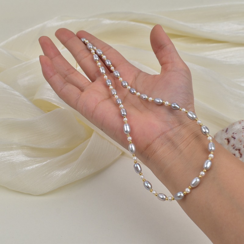 45cm natural freshwater pearl grey rice bead necklace for women, light luxury, simple and versatile collarbone chain S925 silver neck chain pic 8