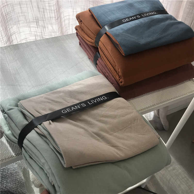 ins Japanese-style solid color all-cotton knitted cotton four-piece set, skin-friendly nude sleeping plain double-layer Indian cotton bed sheet pic 151
