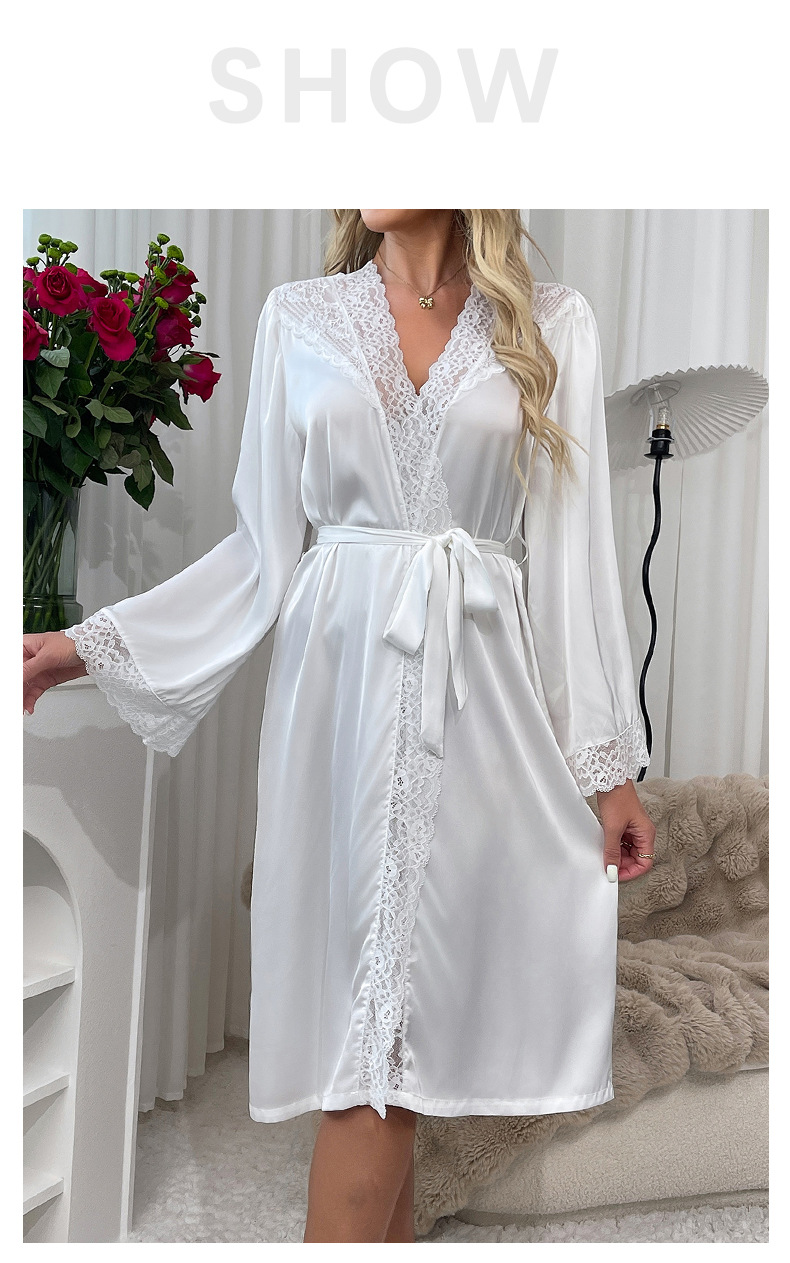 New cross-border satin pajamas for women, lace, light luxury, long-sleeved, cool bathrobes and home wear for women, 469 pic 9