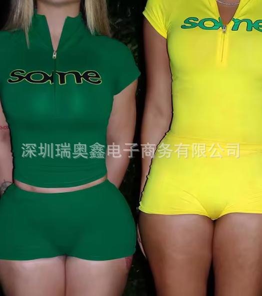 Cross-border European and American sexy color-blocking short-sleeved jumpsuit, tight shorts, hot girl sporty slimming and shaping short-sleeved set pic 5
