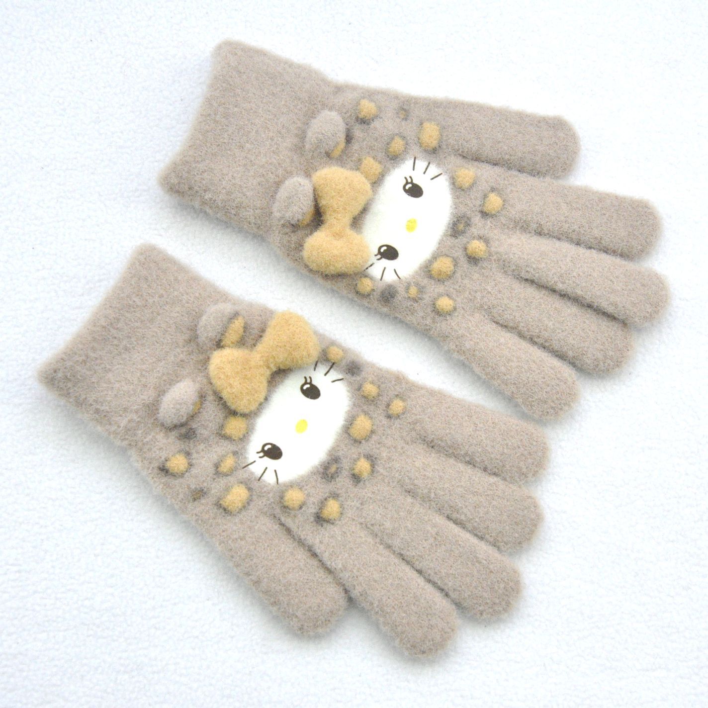 新款 加绒加厚女士可爱小猫咪提花针织手套骑车防风学生触屏手套详情11