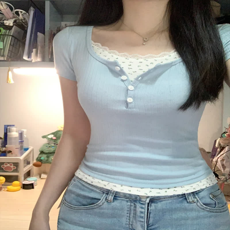 纯欲蕾丝正肩短袖T恤女夏季蓝色多巴胺bm假两件碎花修身短款上衣详情5