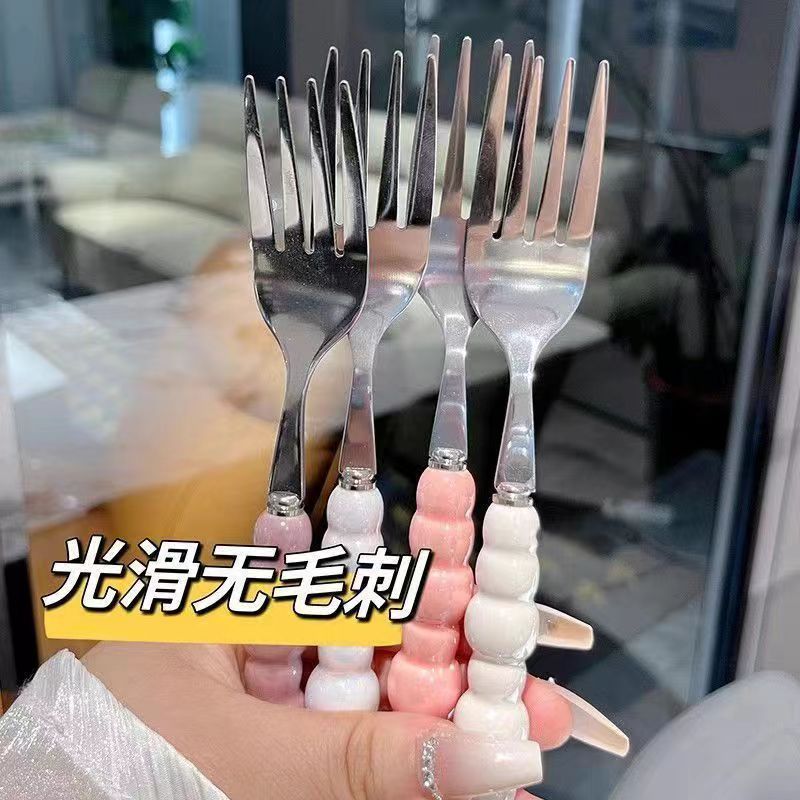 高颜值珍珠不锈钢西餐叉大号水果叉仿陶瓷手柄甜品主餐叉牛排叉子详情3