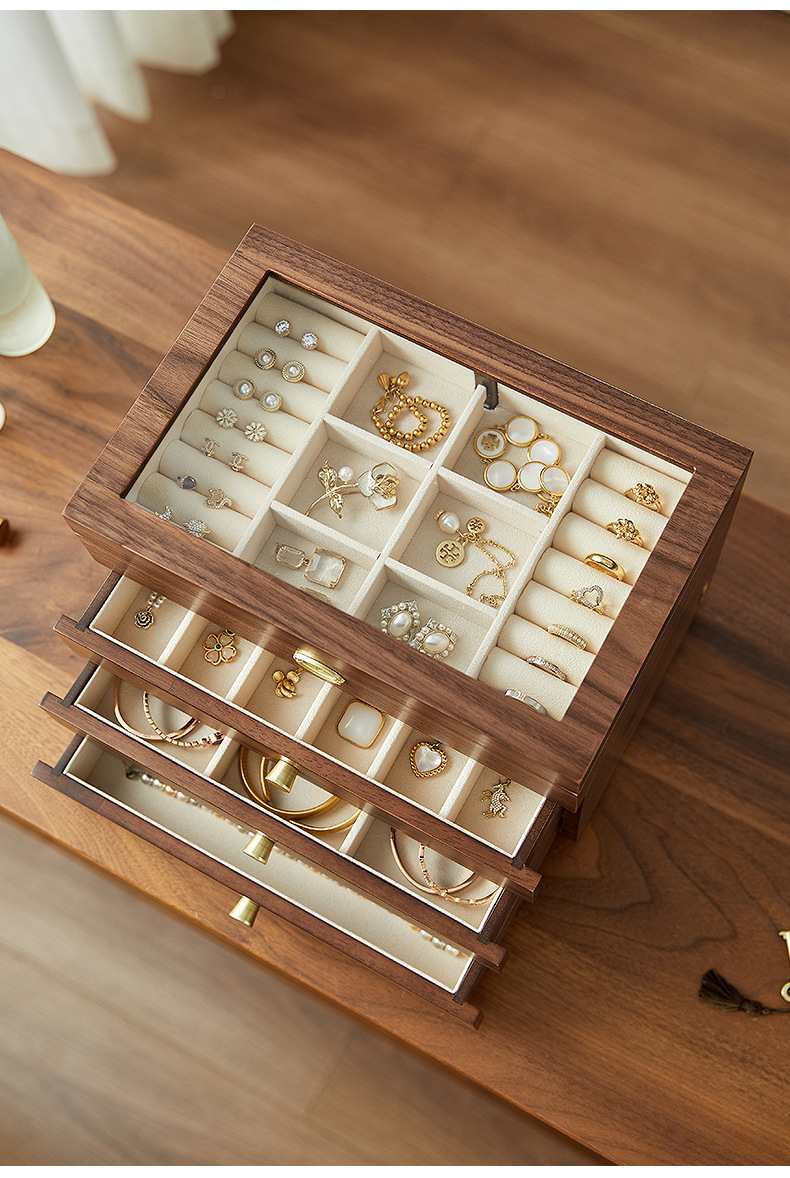 胡桃木首饰盒四层带金色锁扣带柜脚大容量珠宝收纳复古饰品收纳柜详情16