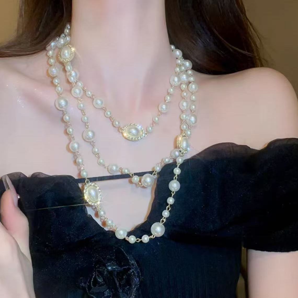 韩版新娘多层珍珠项链毛衣链长款名媛赫本同款婚纱旗袍项链配饰女详情2