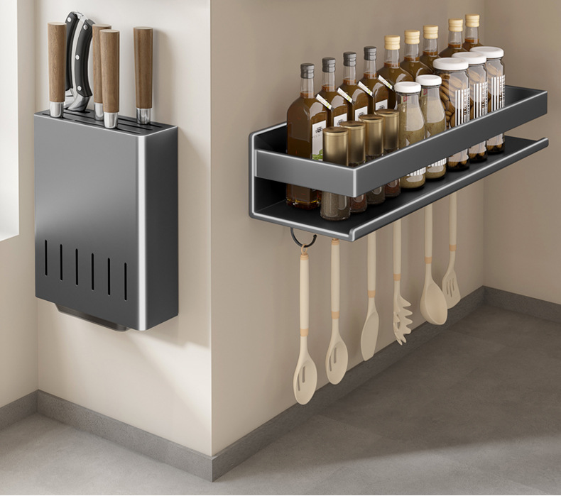 Light luxury kitchenware seasoning rack, carbon steel wall-mounted organization rack without drilling, multi-functional kitchen storage and shelving rack pic 20